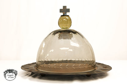 Jan Barboglio Cross Glass Cloche with Iron Tray – 16" Decorative Dome Server