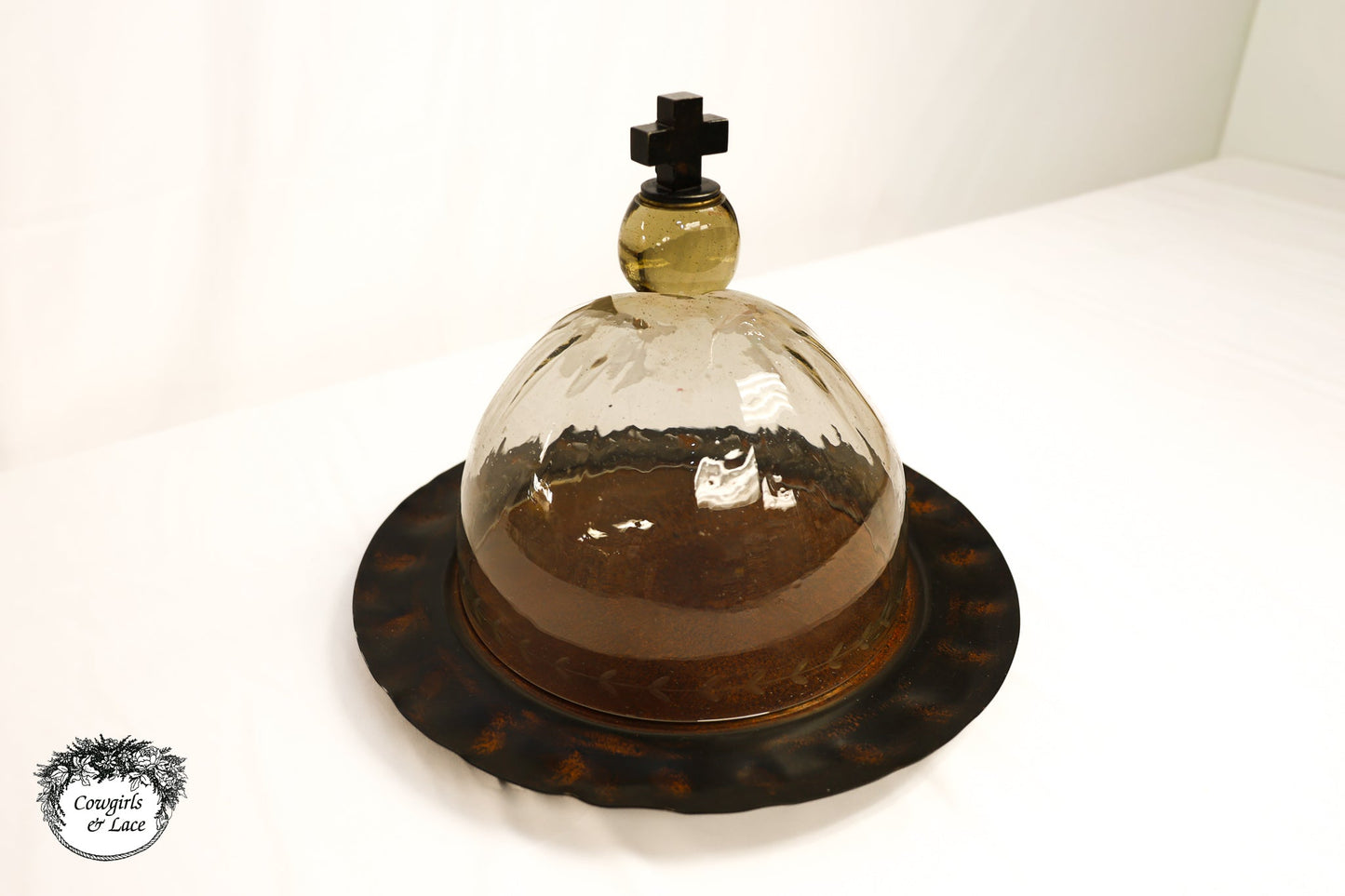 Jan Barboglio Cross Glass Cloche with Iron Tray – 16" Decorative Dome Server
