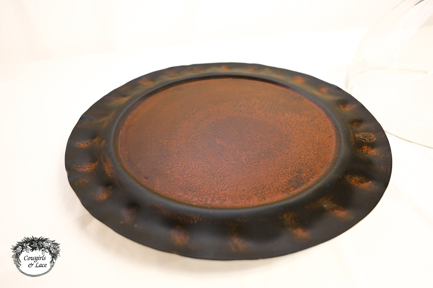 Jan Barboglio Cross Glass Cloche with Iron Tray – 16" Decorative Dome Server
