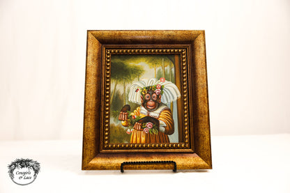 Framed Singerie Monkey Portrait Canvas Painting – Whimsical Animal Art with Gold Frame (14”)