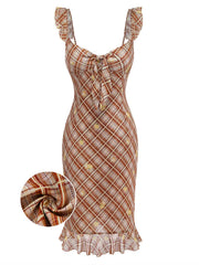 [Pre-Sale] Light Brown 1960s Ruffle Plaid Lemon Pencil Dress