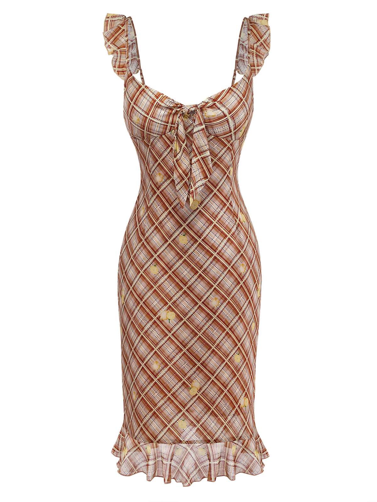 [Pre-Sale] Light Brown 1960s Ruffle Plaid Lemon Pencil Dress