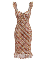 [Pre-Sale] Light Brown 1960s Ruffle Plaid Lemon Pencil Dress