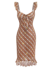 [Pre-Sale] Light Brown 1960s Ruffle Plaid Lemon Pencil Dress