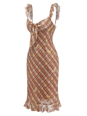 [Pre-Sale] Light Brown 1960s Ruffle Plaid Lemon Pencil Dress