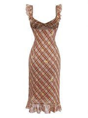 [Pre-Sale] Light Brown 1960s Ruffle Plaid Lemon Pencil Dress