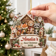 Personalized Acrylic Ornament, Woodland Animals by a Snowy Cabin, Unique Creative Gift for New Parents