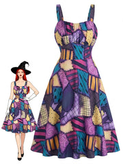 Purple 1950s Patchwork Gothic Halloween A-Line Dress