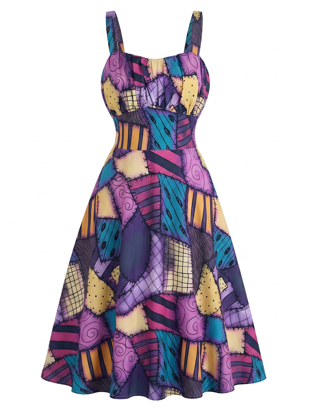 Purple 1950s Patchwork Gothic Halloween A-Line Dress