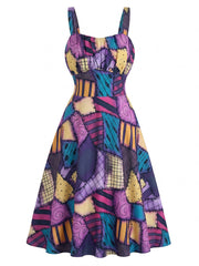 Purple 1950s Patchwork Gothic Halloween A-Line Dress