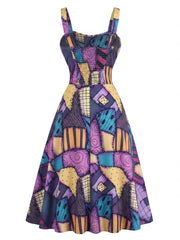 Purple 1950s Patchwork Gothic Halloween A-Line Dress