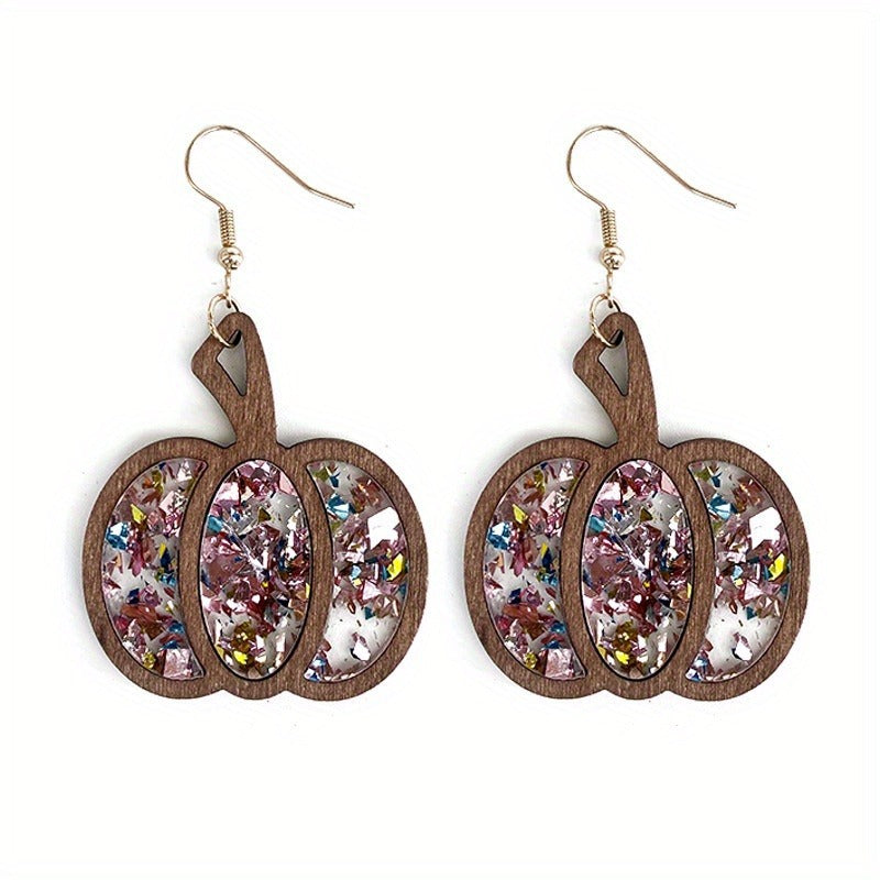 Halloween Wooden Glitter Pumpkin Earrings