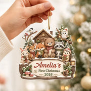Personalized Acrylic Ornament, Woodland Animals by a Snowy Cabin, Unique Creative Gift for New Parents