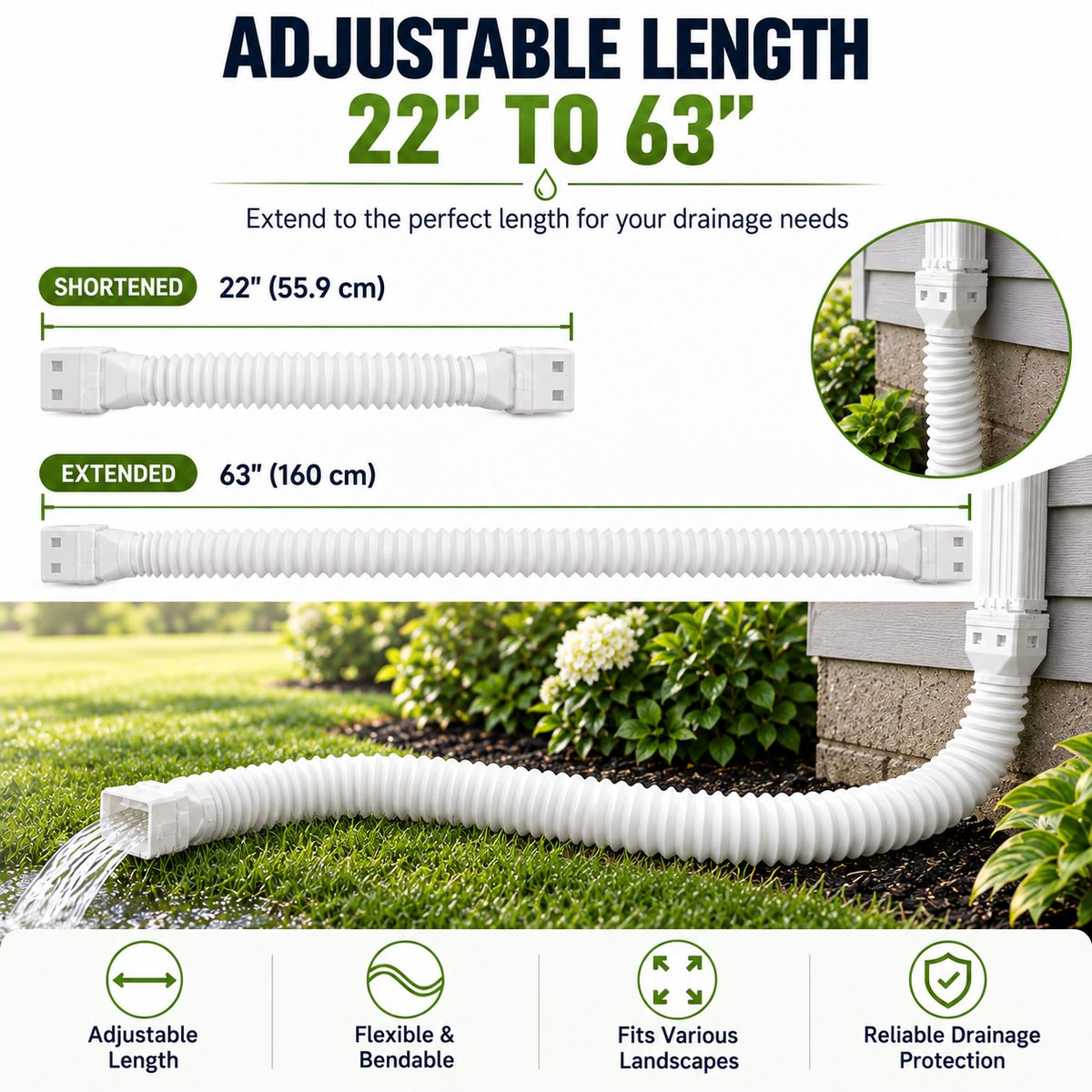 🏡 Flexible Rain Gutter Downspout Extension Kit  – Adjustable 22-63 Drain Pipe with Leaf Filter for Foundation Protection