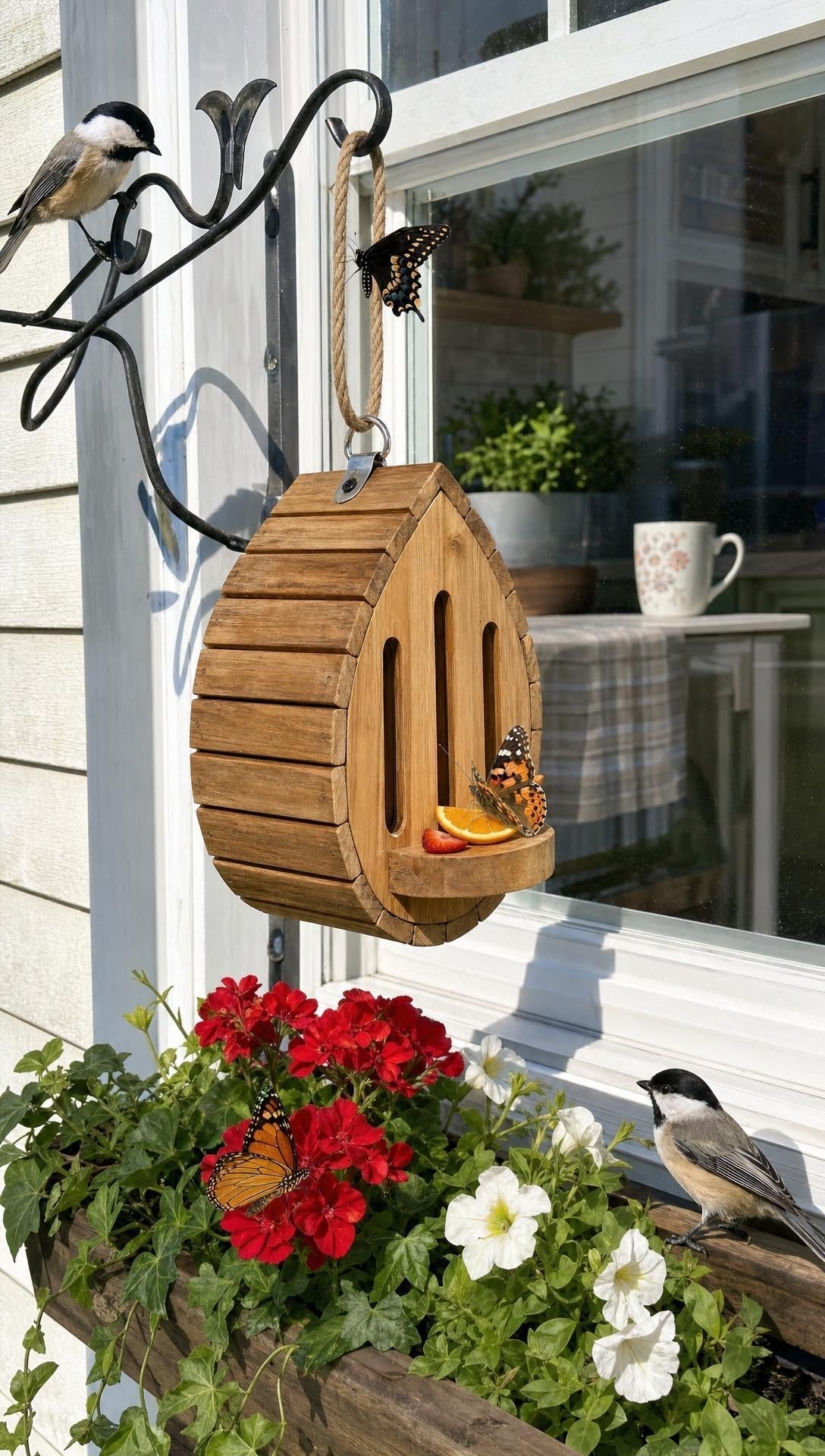 🔥100% Hand-Carved from Solid Wood -🦋Handmade Garden Butterfly House with Feeder Station