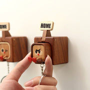 Wooden Key Holder with Funny Face Expression – HOME/OUT Toggle, Wall-Mounted, 3 Styles