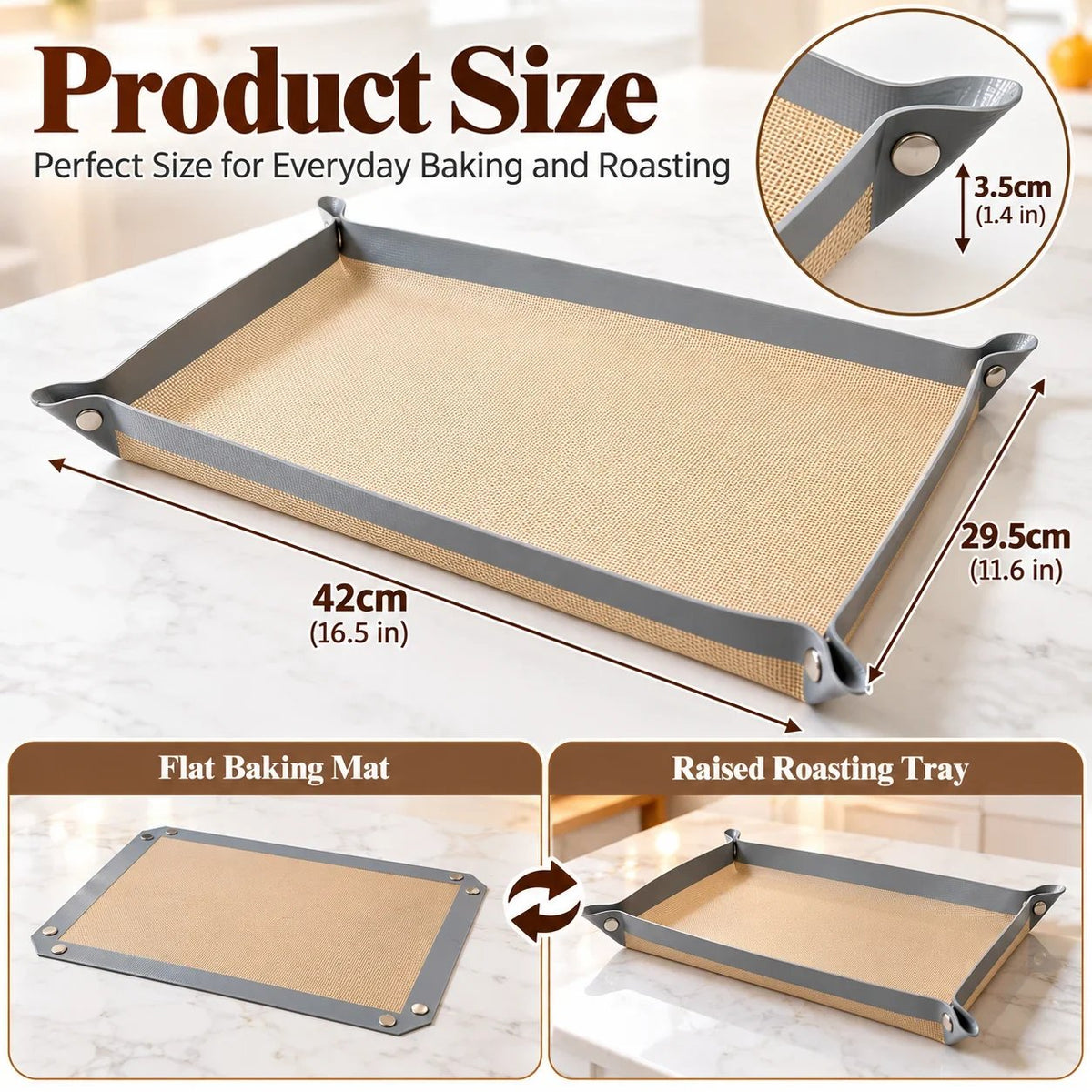 ⏰LAST DAY 50% OFF -Snap-Lock Silicone Baking Mat -2in-1 Nonstick Oven Liner & RaisedEdge Roasting Mat