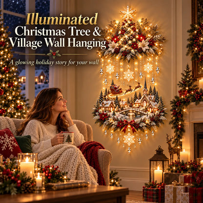 🎄 Illuminated Christmas Tree & Village Wall Hanging | Cascading Warm Lights for Living Rooms. Entryways & Staircases ✨