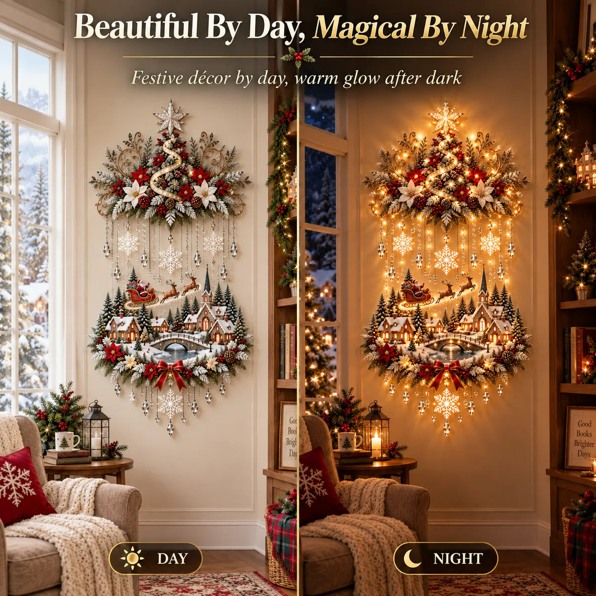 🎄 Illuminated Christmas Tree & Village Wall Hanging | Cascading Warm Lights for Living Rooms. Entryways & Staircases ✨