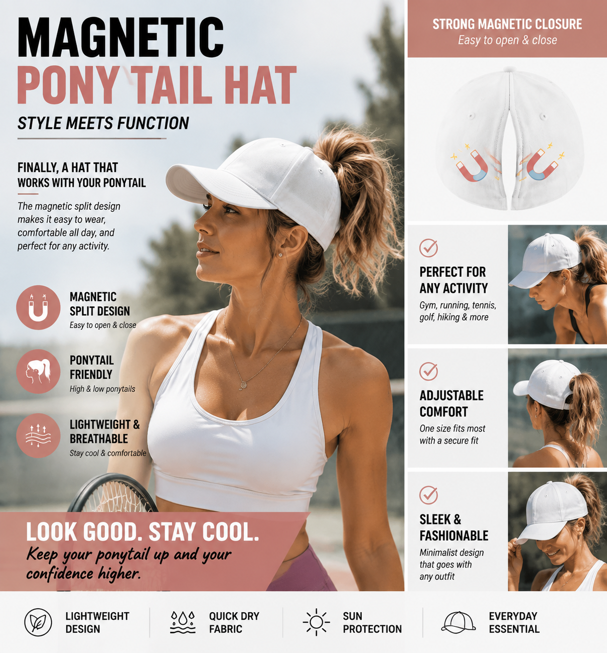 Ponytail Hat for Women – Adjustable Baseball Cap with Ponytail Opening for Running & Sports