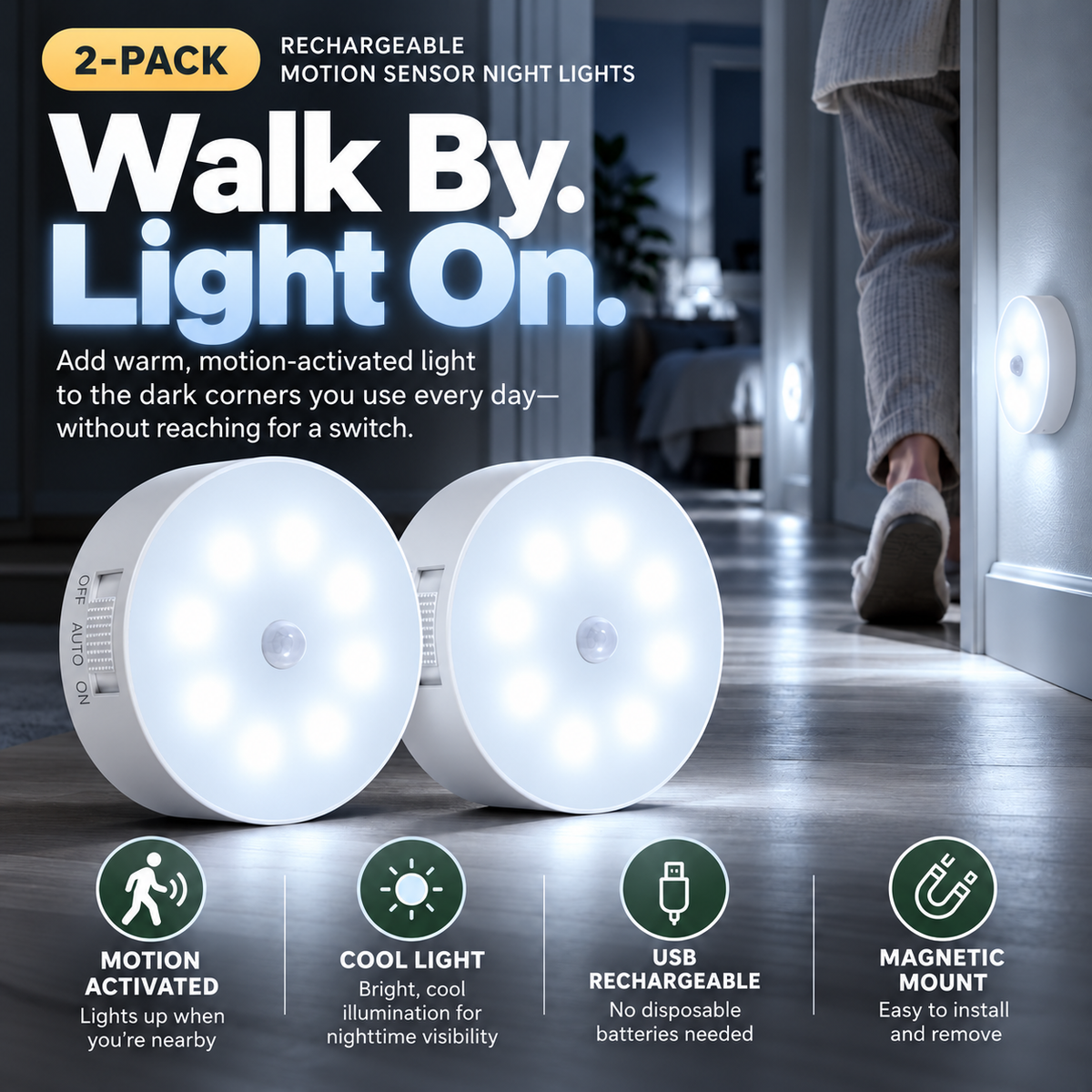 🧲 Magnetic Motion Sensor Night Light 2-Pack – USB Rechargeable Closet & Hallway Lights