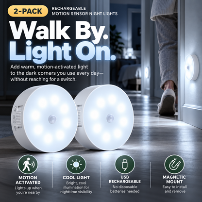 🧲 Magnetic Motion Sensor Night Light 2-Pack – USB Rechargeable Closet & Hallway Lights