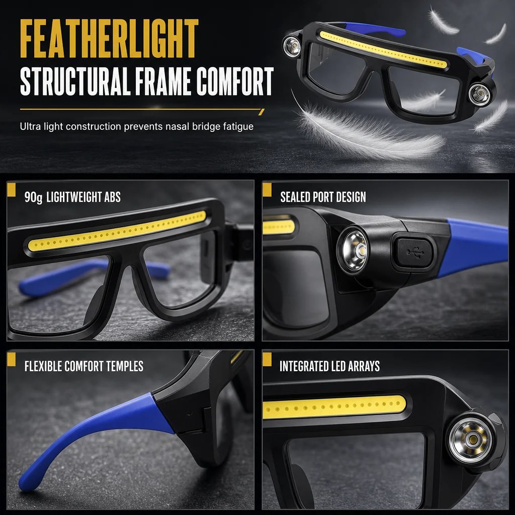 Hands Free Dual Beam LED Flashlight Glasses. Type-C Rechargeable COB Work Light Glasses for Mechanics. Camping & Repair
