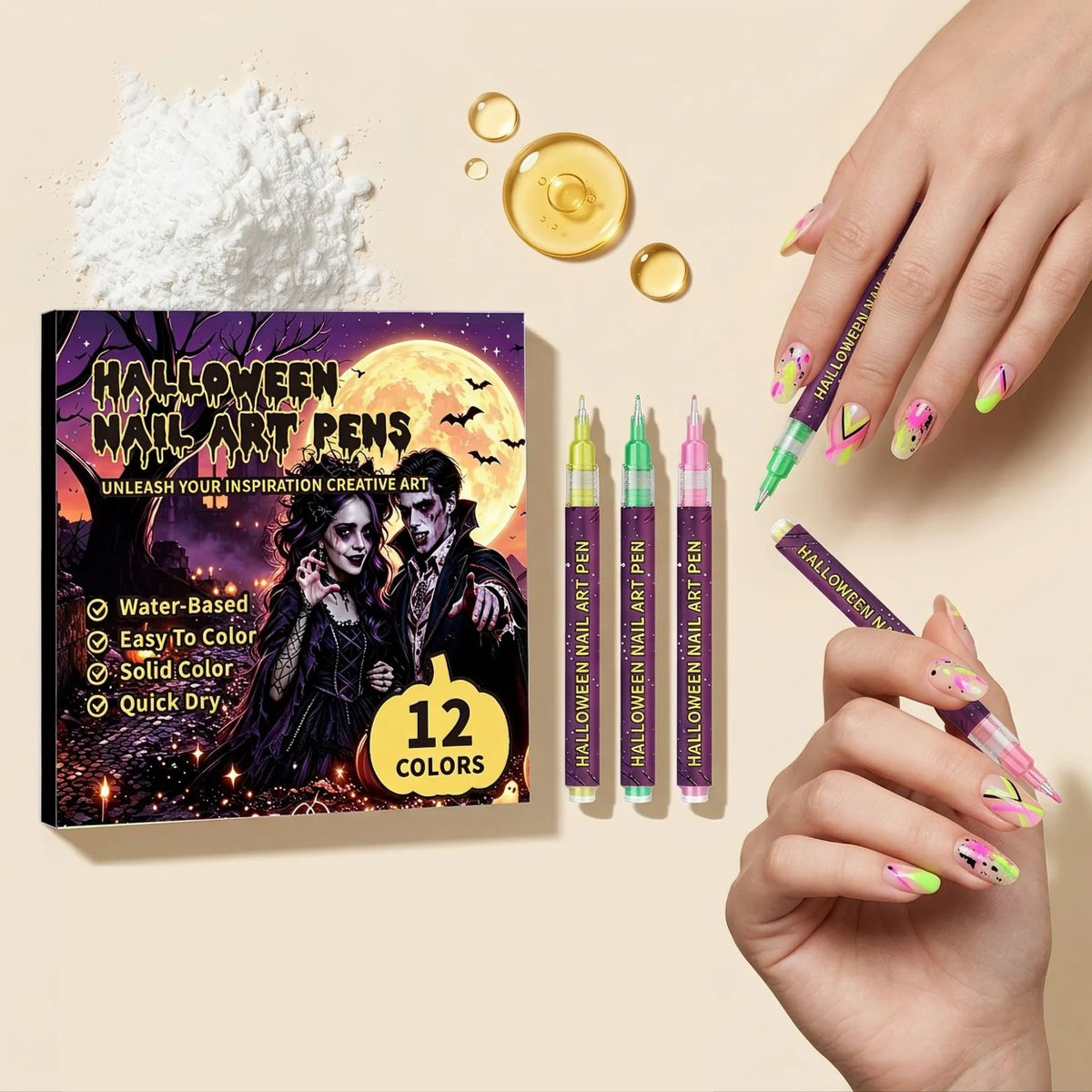 🎨12 Colors Halloween Nail Art Pens✨Water‑Based Quick Dry Face & Body Painting Marker For Festival Party DIY