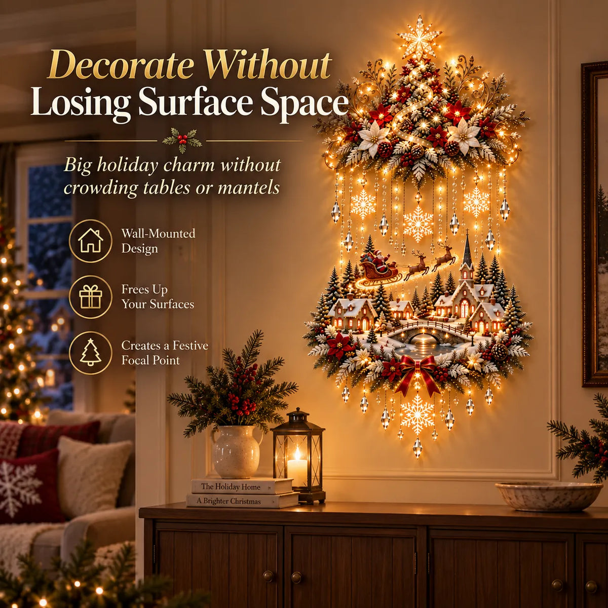 🎄 Illuminated Christmas Tree & Village Wall Hanging | Cascading Warm Lights for Living Rooms. Entryways & Staircases ✨