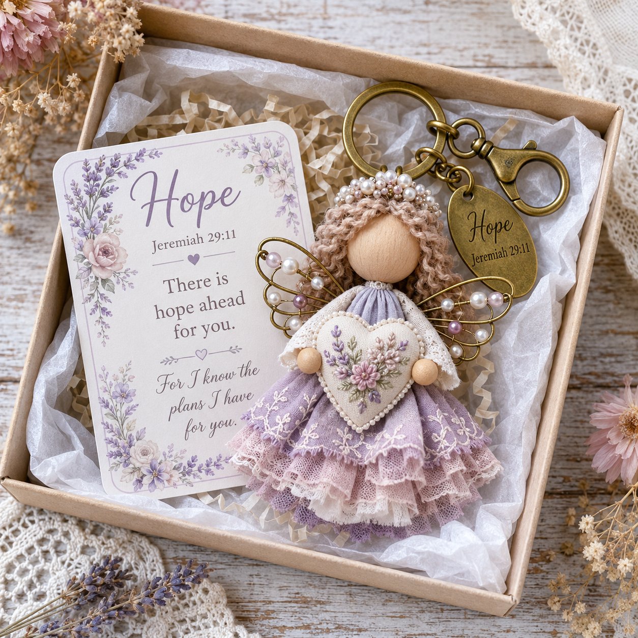 🪽 Faith Guardian Keychain Scripture Gift Set Collection | Layered Fabric Charm. Inspirational Scripture Card & Ready-to-Gift Box Included 💕
