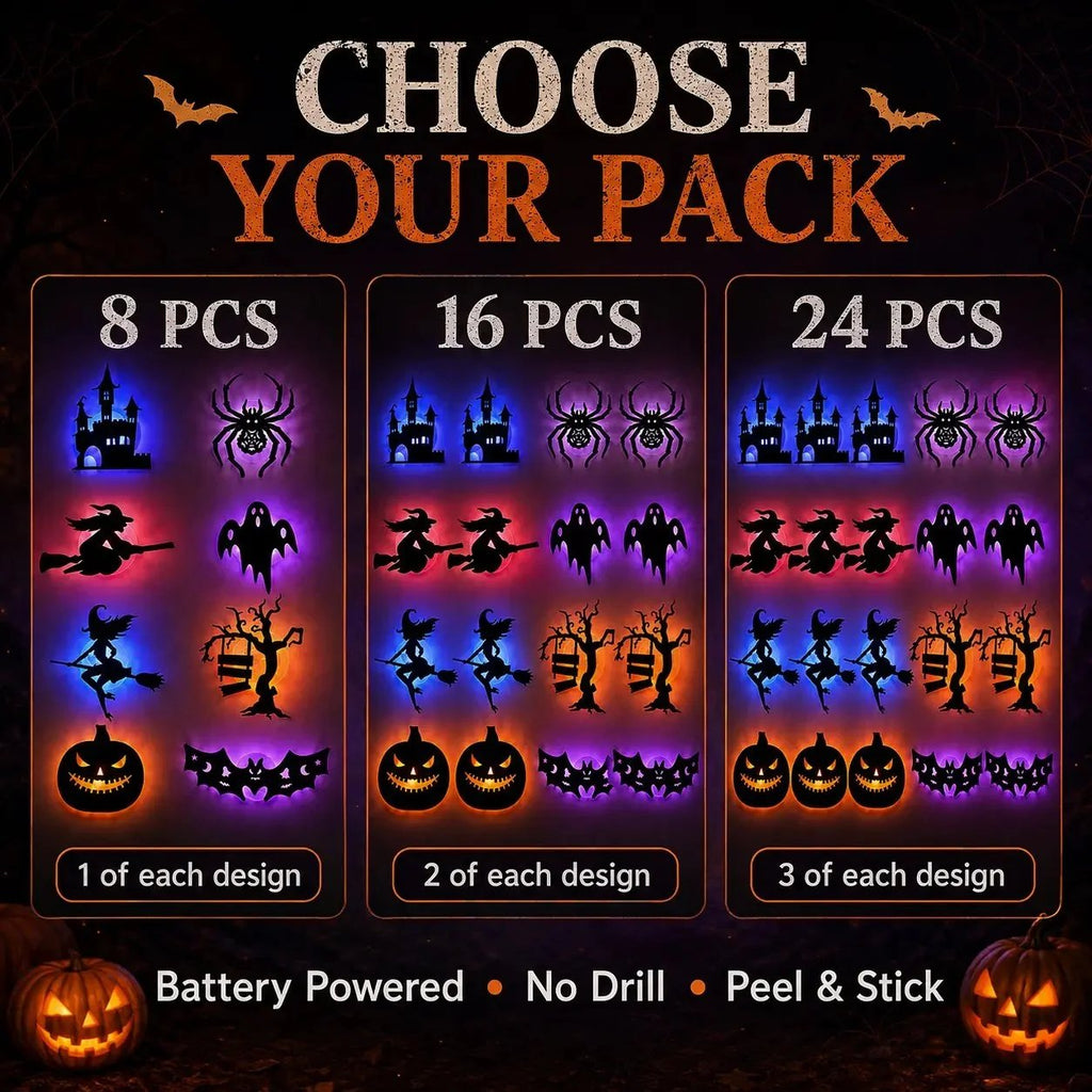 🎃8 Pack Halloween LED Silhouette Wall Light Stickers. Battery Powered Peel & Stick Decor Lights