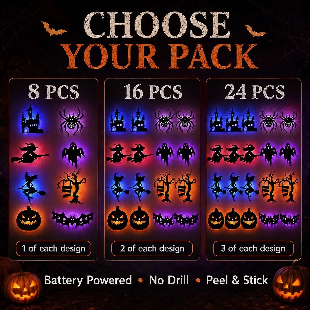 🎃8 Pack Halloween LED Silhouette Wall Light Stickers. Battery Powered Peel & Stick Decor Lights