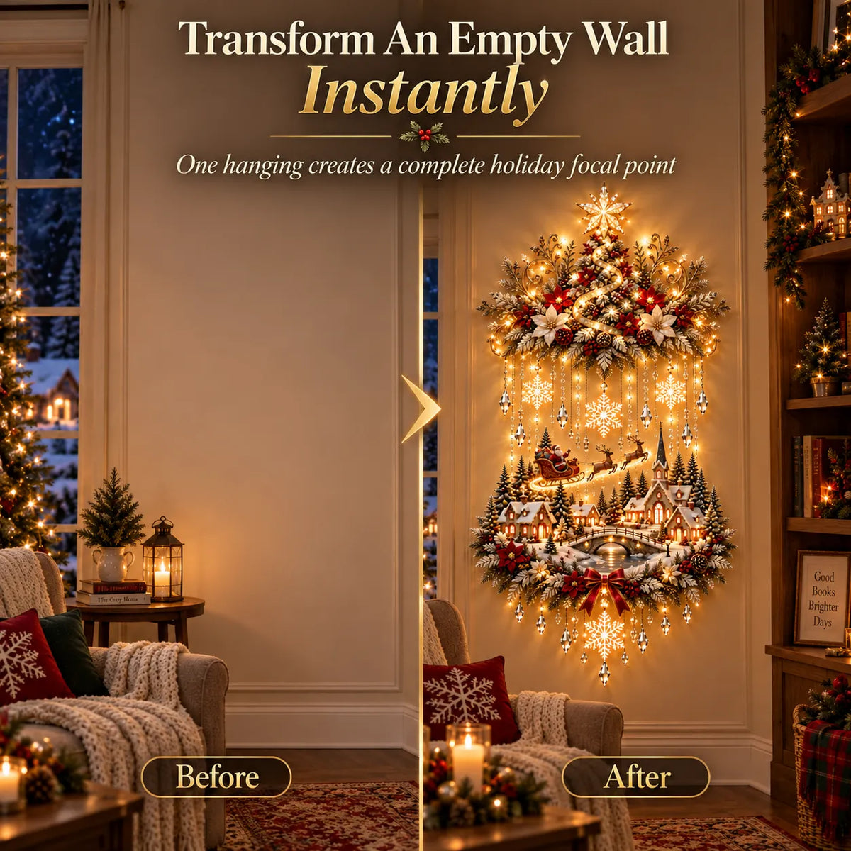 🎄 Illuminated Christmas Tree & Village Wall Hanging | Cascading Warm Lights for Living Rooms. Entryways & Staircases ✨