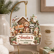 Personalized Acrylic Ornament, Woodland Animals by a Snowy Cabin, Unique Creative Gift for New Parents
