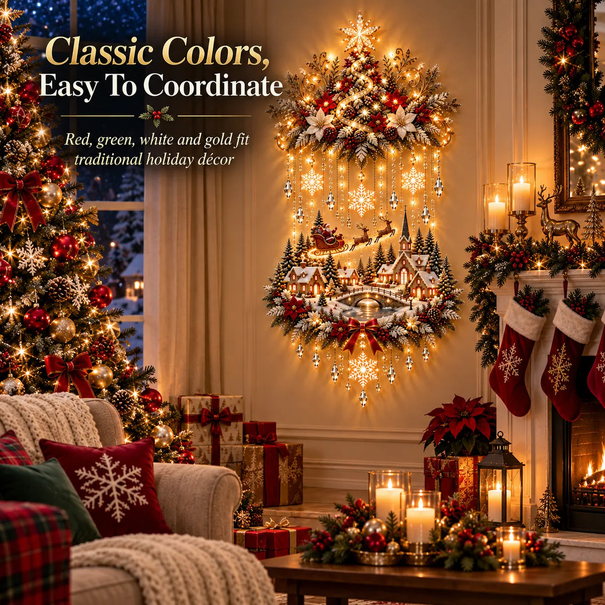 🎄 Illuminated Christmas Tree & Village Wall Hanging | Cascading Warm Lights for Living Rooms. Entryways & Staircases ✨