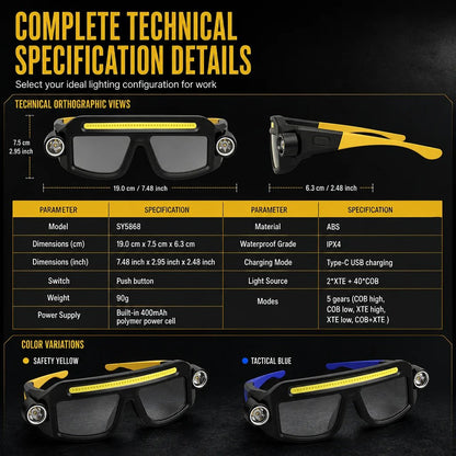 Hands Free Dual Beam LED Flashlight Glasses. Type-C Rechargeable COB Work Light Glasses for Mechanics. Camping & Repair