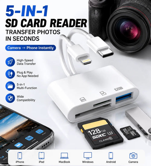 🔥HOT SALE 50% OFF🔌5-in-1 SD Card Reader for iPhone & USB-C – Fast Photo & Video Transfer Adapter