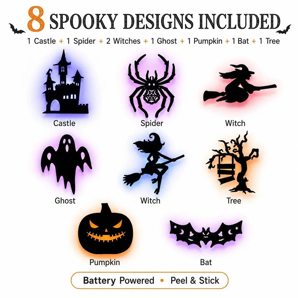 🎃8 Pack Halloween LED Silhouette Wall Light Stickers. Battery Powered Peel & Stick Decor Lights