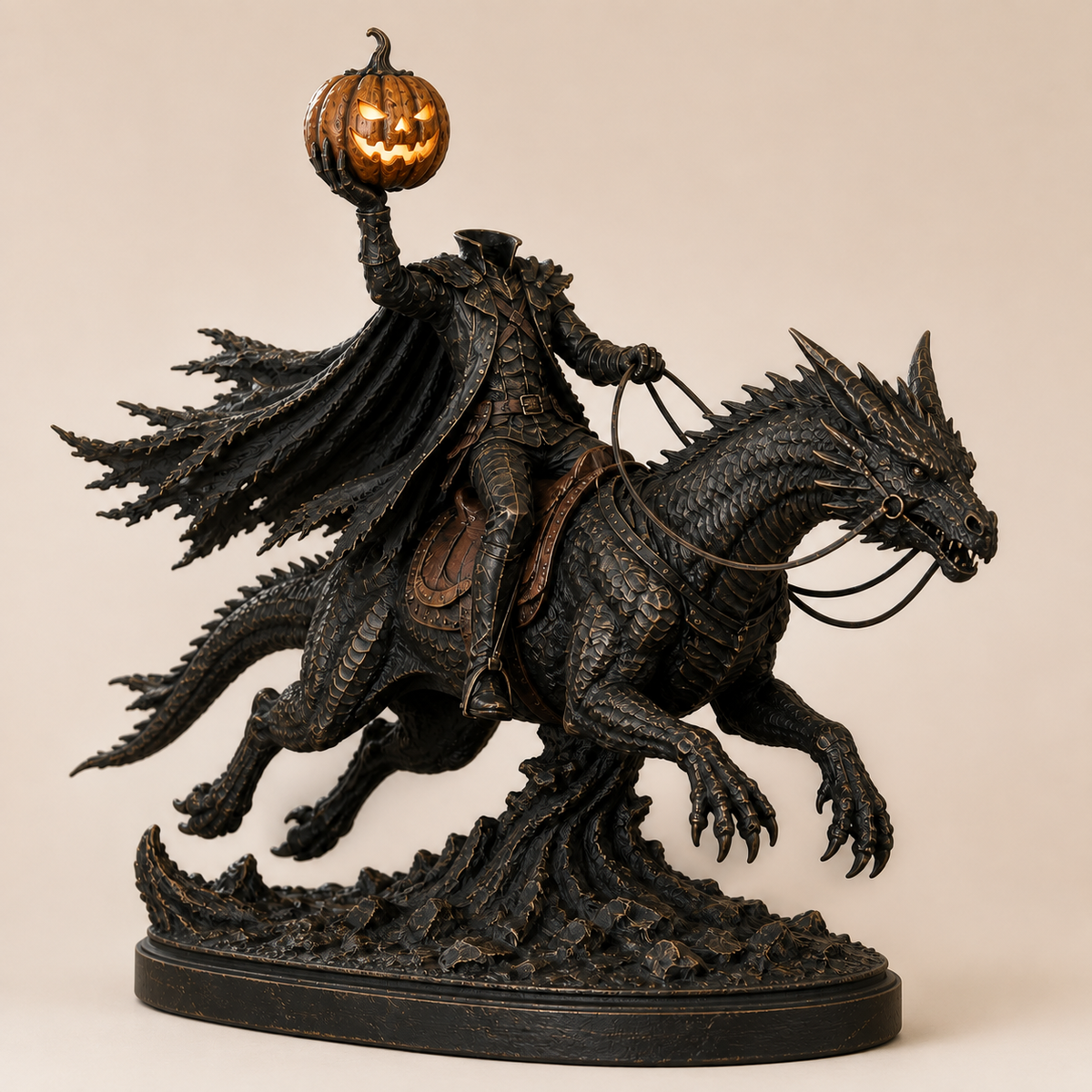 🎃 Headless Horseman on Dragon Statue – Gothic Halloween Figurine & Dark Fantasy Home Decor