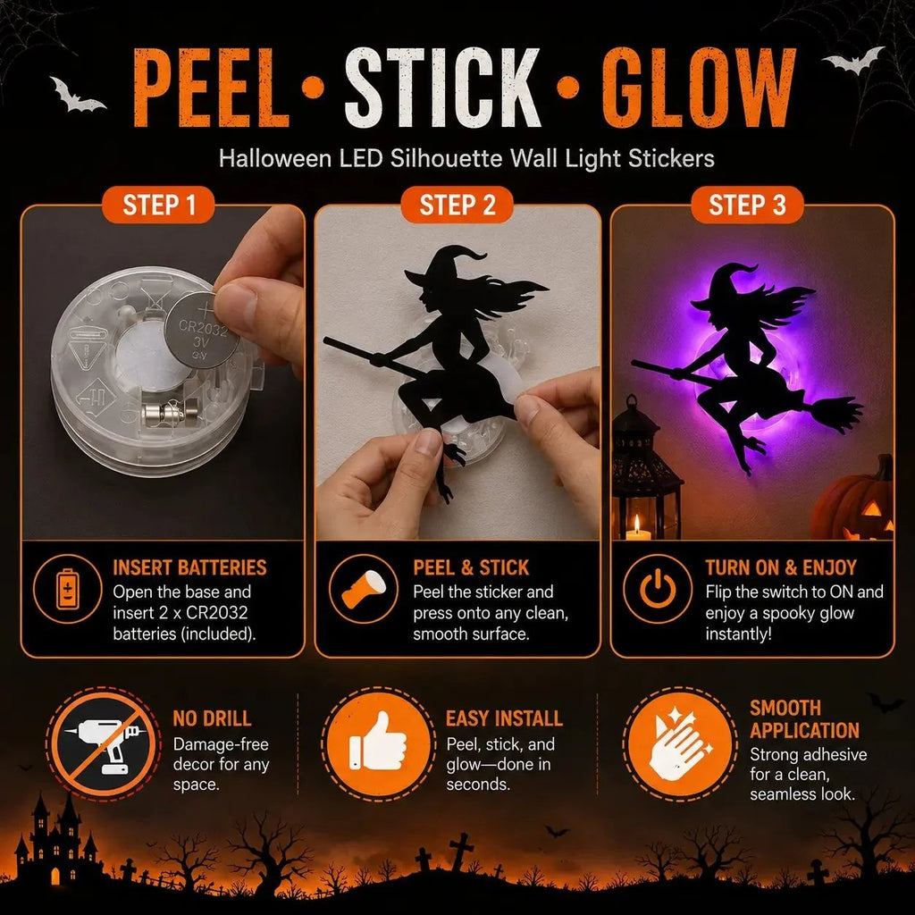 🎃8 Pack Halloween LED Silhouette Wall Light Stickers. Battery Powered Peel & Stick Decor Lights