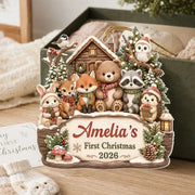 Personalized Acrylic Ornament, Woodland Animals by a Snowy Cabin, Unique Creative Gift for New Parents
