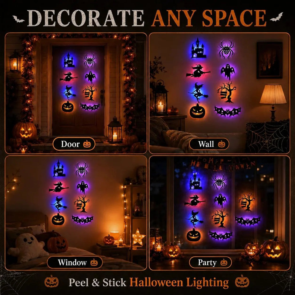 🎃8 Pack Halloween LED Silhouette Wall Light Stickers. Battery Powered Peel & Stick Decor Lights