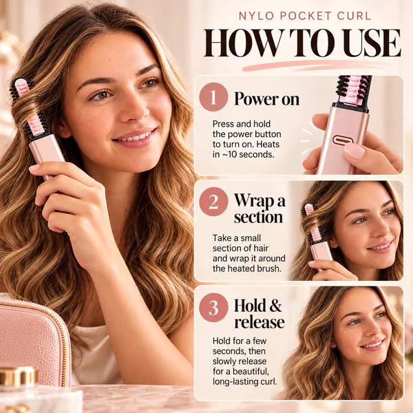 Nylo Pocket Curl-Cordless USB-C Mini Curling Brush with 3 Heat Settings