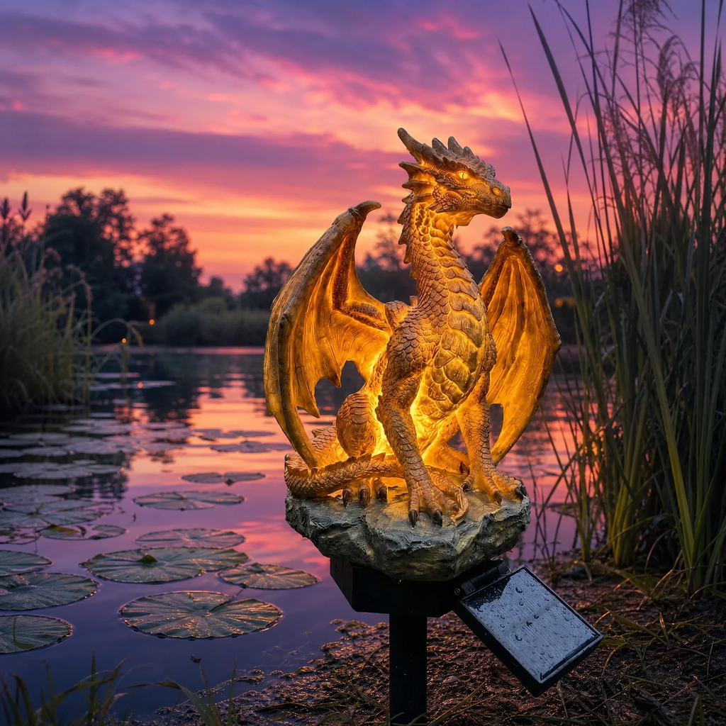 Solar Dragon Garden Statue Light – Golden Ember Fantasy Outdoor Decor