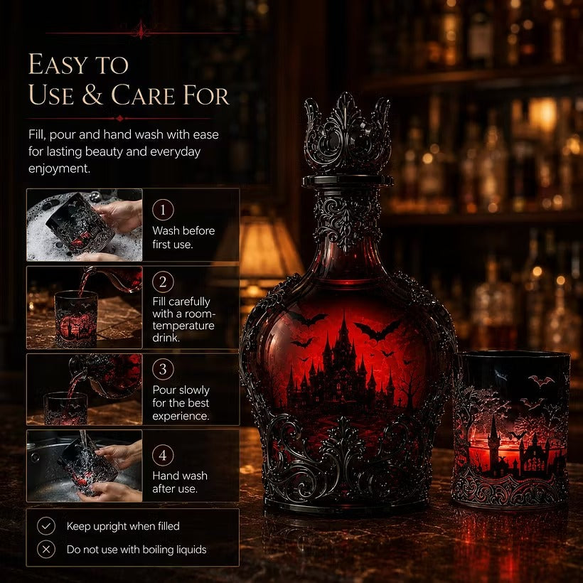 🦇 Gotische Vampirschloss-Whiskykaraffe & Whiskyglas