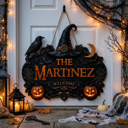 Custom Halloween Witch Welcome Wooden Door Sign - Personalized Family Name Porch Decor