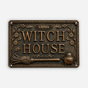 Personalized Witch House Metal Sign - Custom Name Vintage Halloween Wall Decor