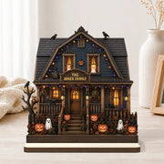 Spooky Halloween Haunted House Wooden Plaque - Personalized Family Name Halloween Decor