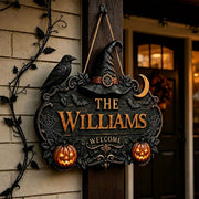 Custom Halloween Witch Welcome Wooden Door Sign - Personalized Family Name Porch Decor