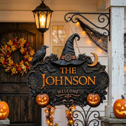 Custom Halloween Witch Welcome Wooden Door Sign - Personalized Family Name Porch Decor